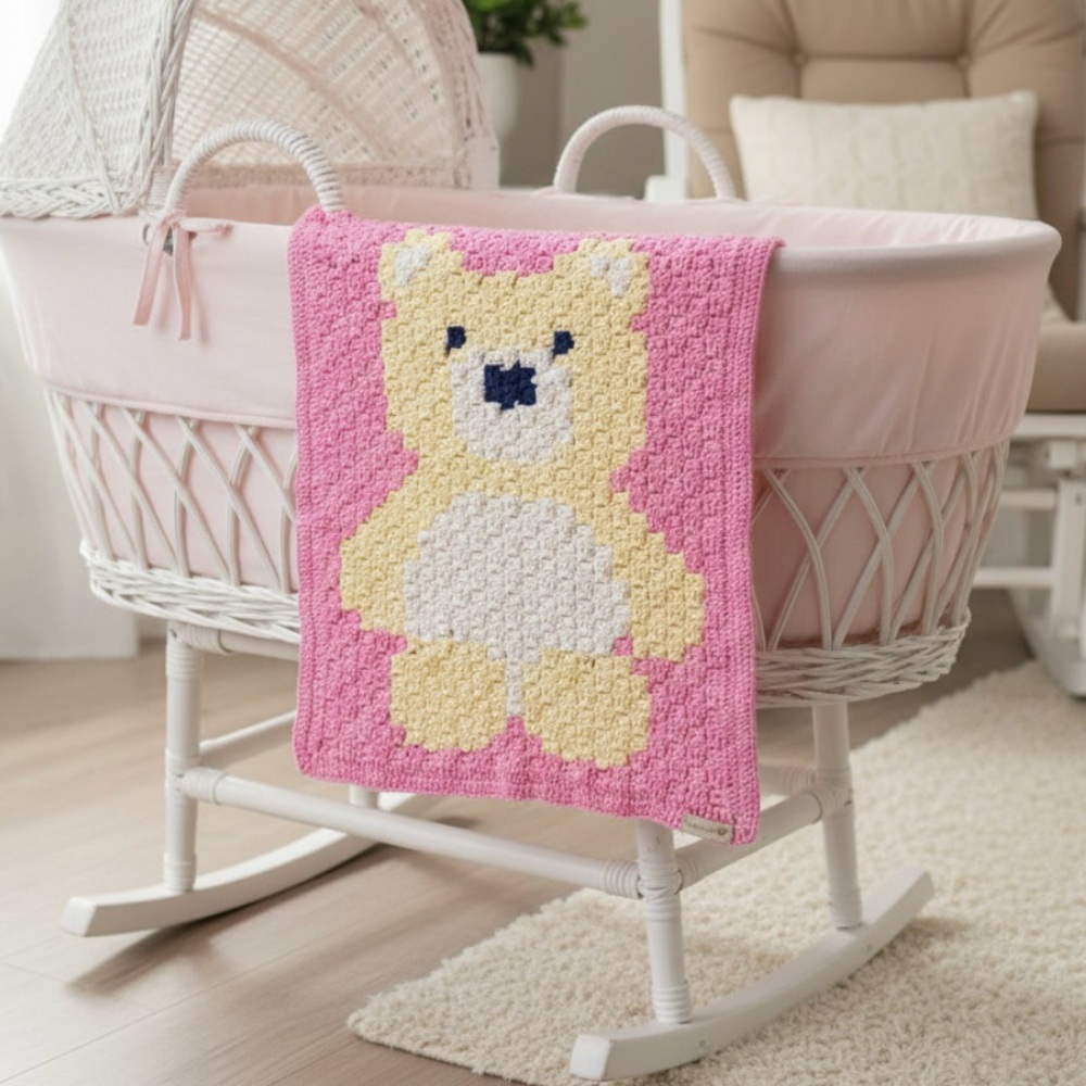 NWT Handmade Crochet Bear Baby Blanket Pink Yellow White